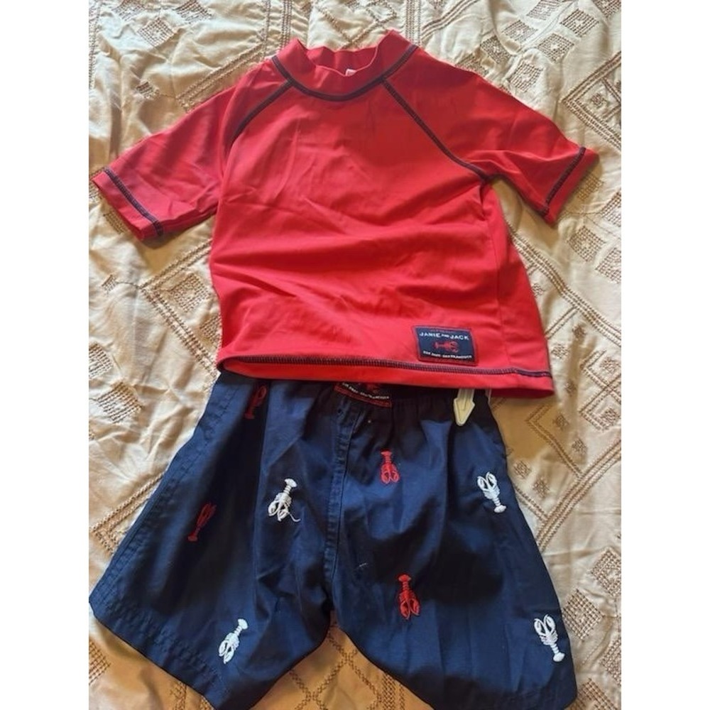 JANIE AND JACK Swim Set Rashguard Trunk Shorts 12-18 Mo Red Blue Swim Shirt